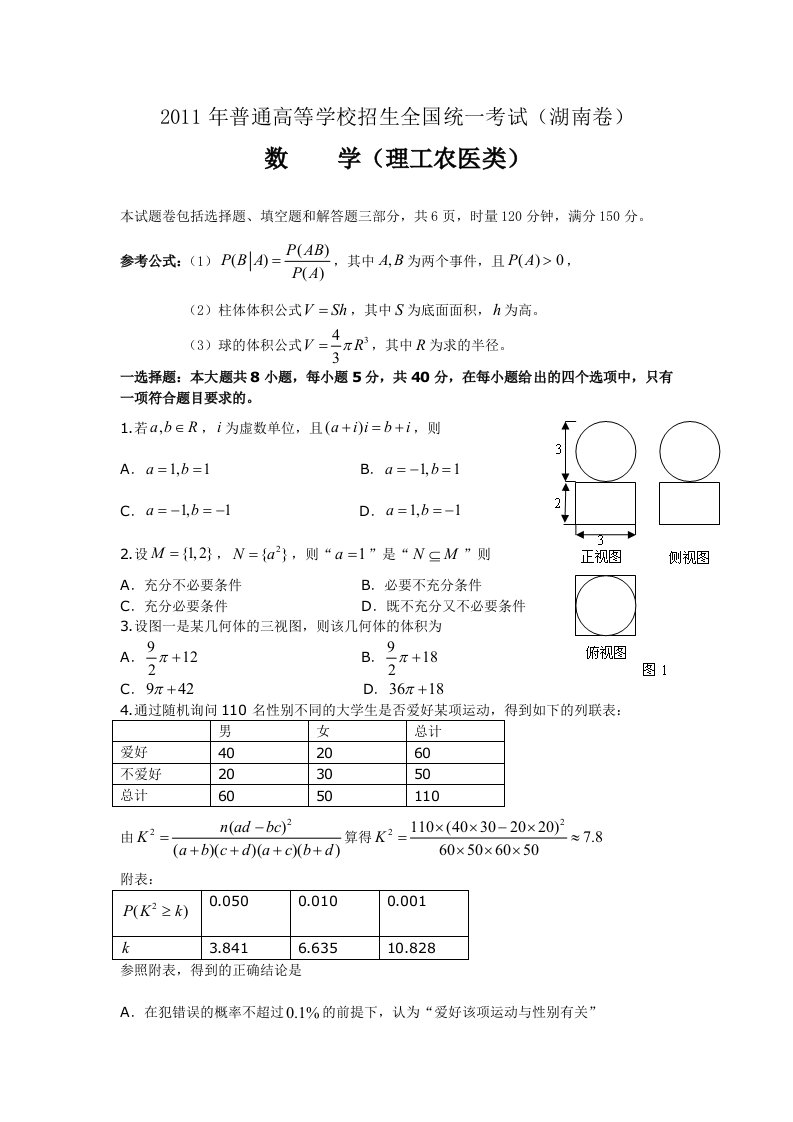 2011年高考理科数学(湖南卷)