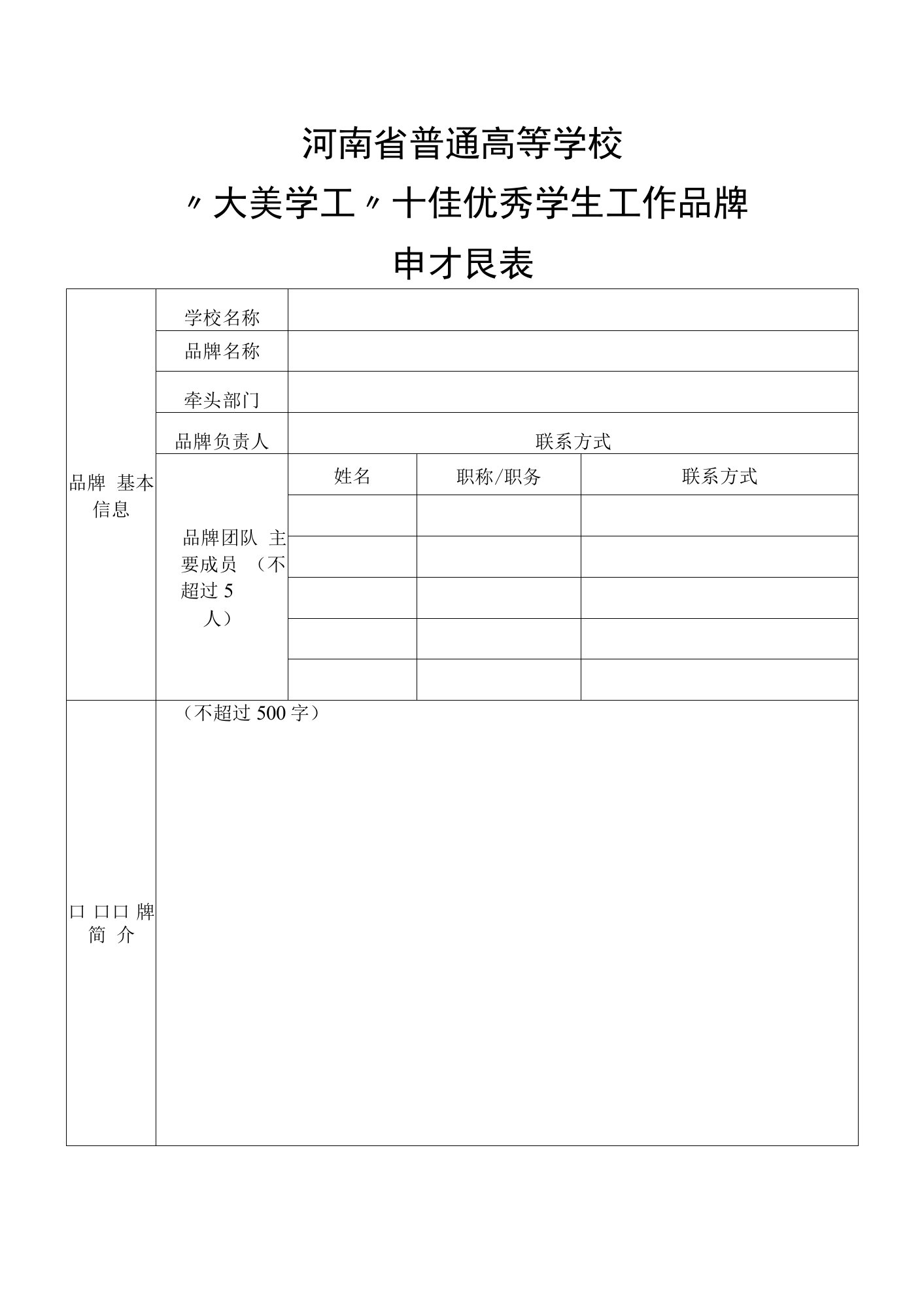 河南省普通高等学校“大美学工”十佳优秀学生工作品牌申报表