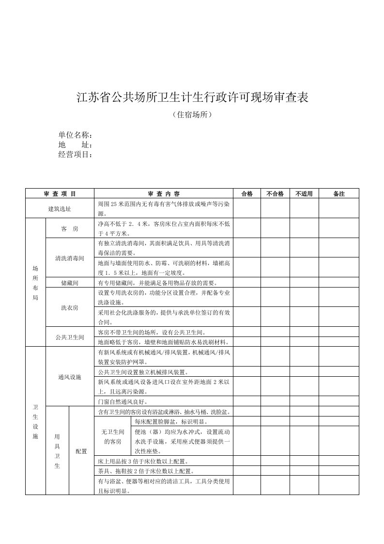 江苏公共场所卫生计生行政许可现场审查表