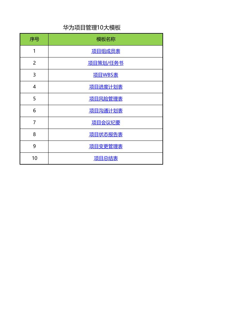 华为项目管理10大模板Excel版