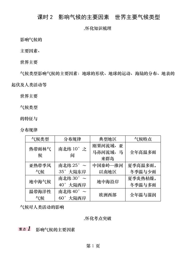 中考地理命题研究教材知识梳理七年级第4章世界的气候第课时影响气候的主要因素世界主要气候类型精精