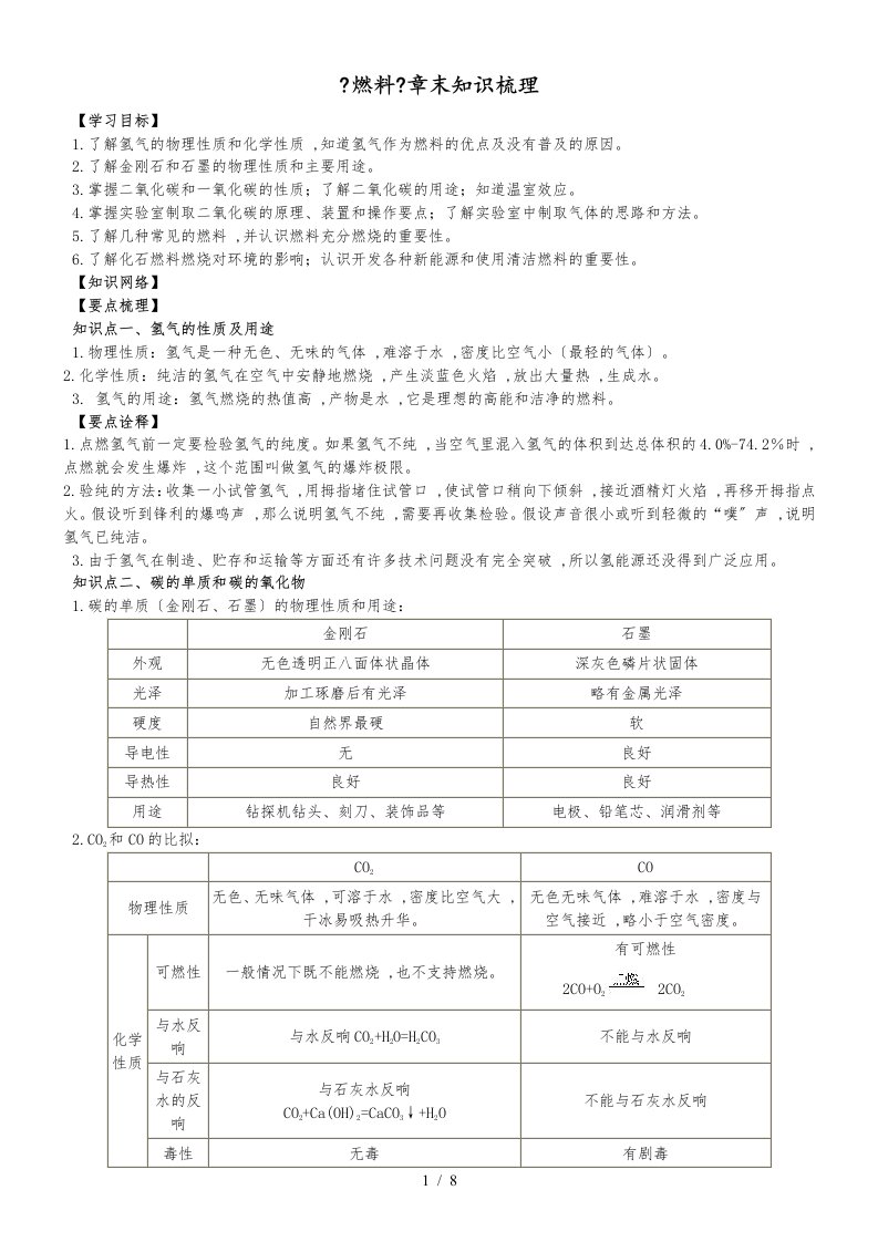 鲁教版九年级化学上册《燃烧和燃料》章末知识梳理+例题演练(含解析)