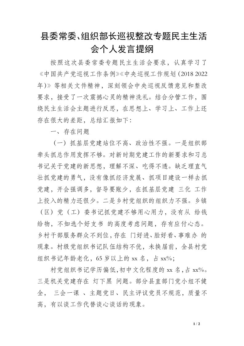 县委常委、组织部长巡视整改专题民主生活会个人发言提纲