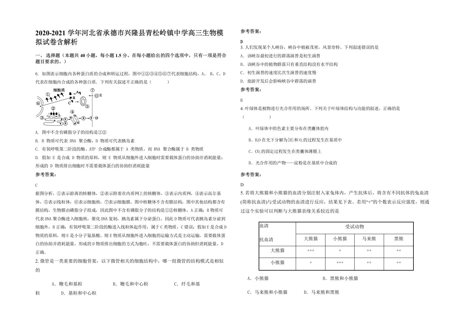 2020-2021学年河北省承德市兴隆县青松岭镇中学高三生物模拟试卷含解析