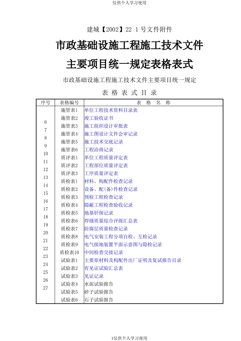 市政工程资料表格(完整版)