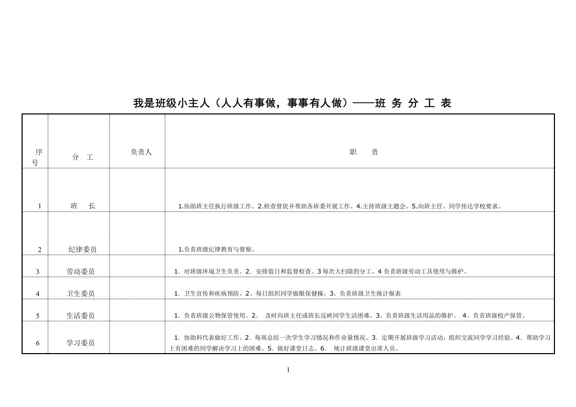 小学班级分工表