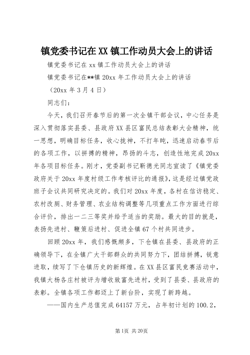 镇党委书记在XX镇工作动员大会上的讲话