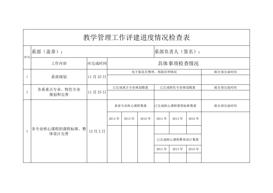 教学管理工作评建进度情况检查表