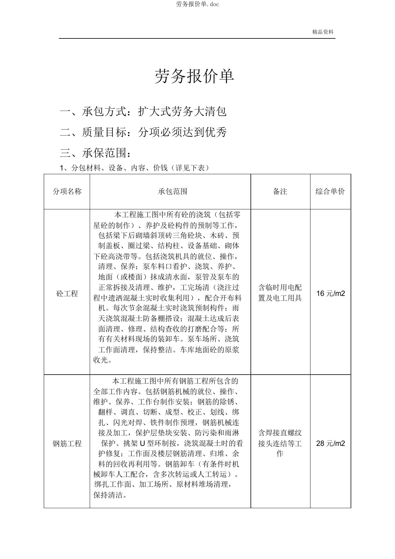 劳务报价单