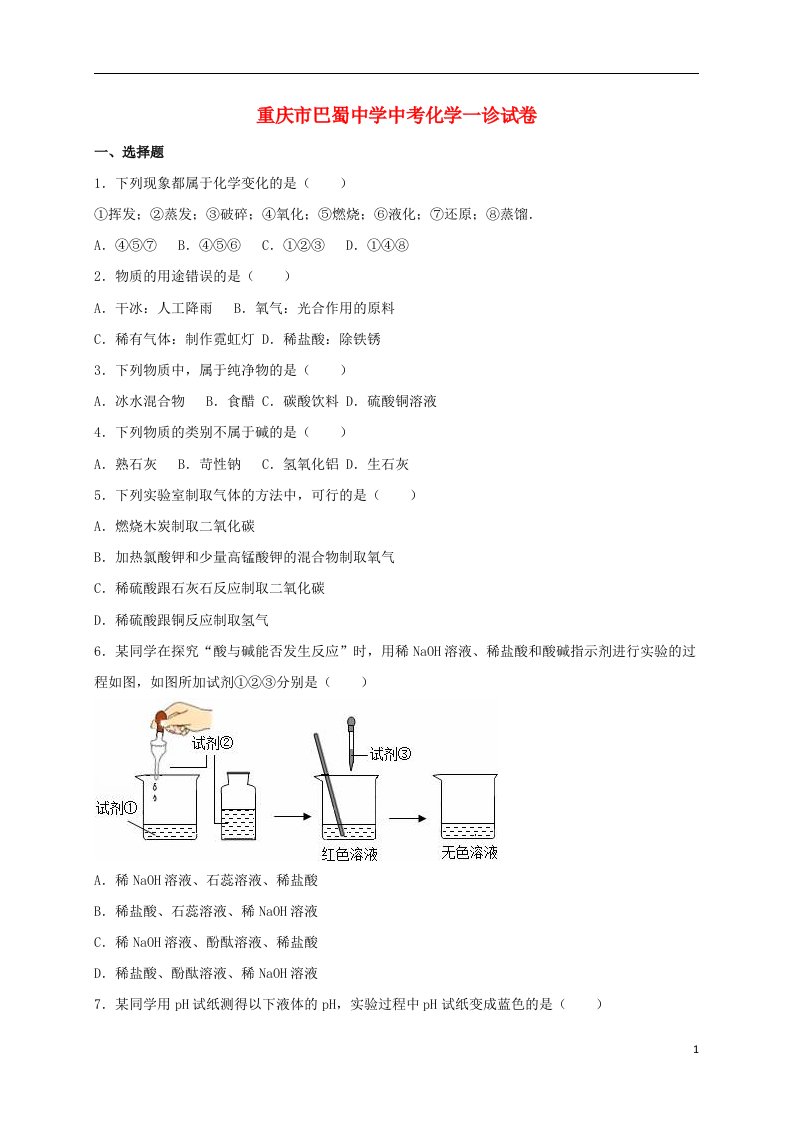 重庆市巴蜀中学中考化学一诊试题（含解析）