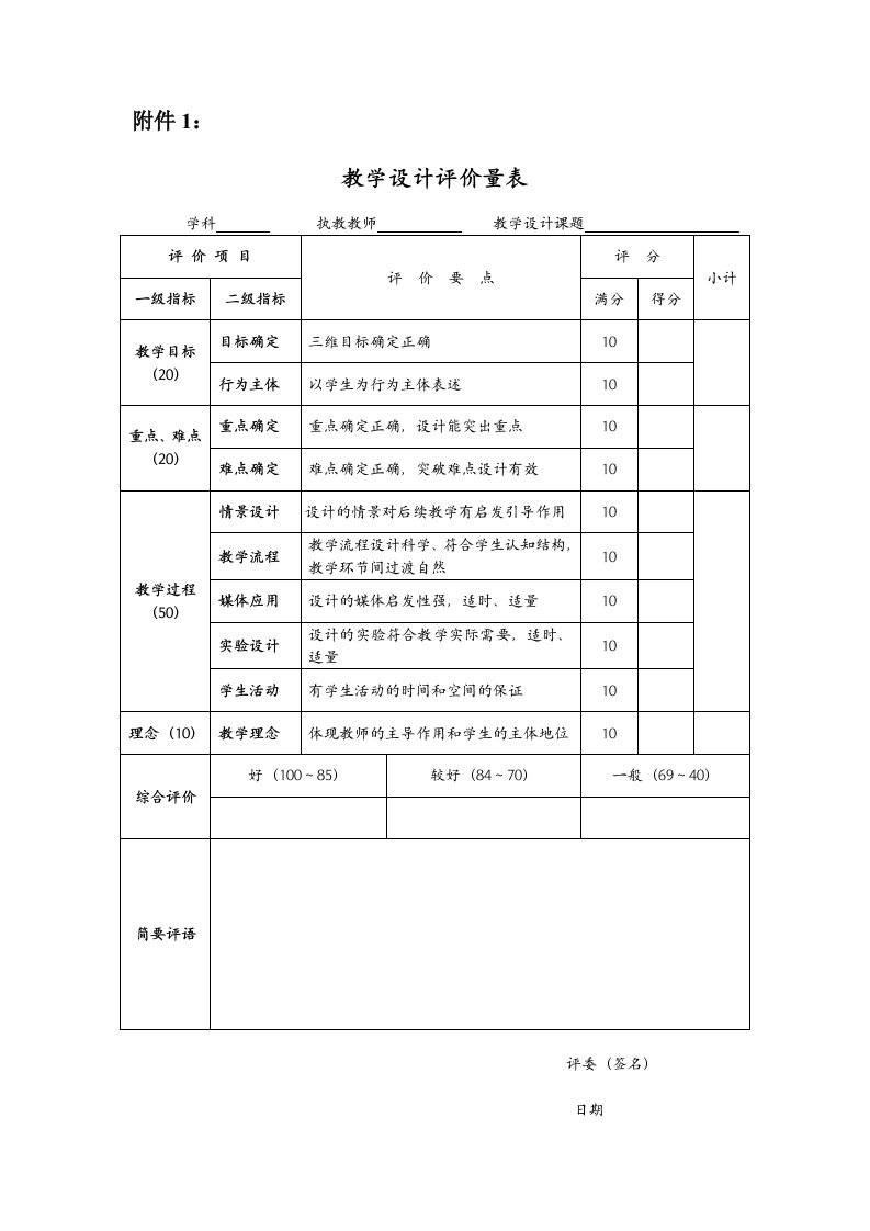 教学设计评价量表