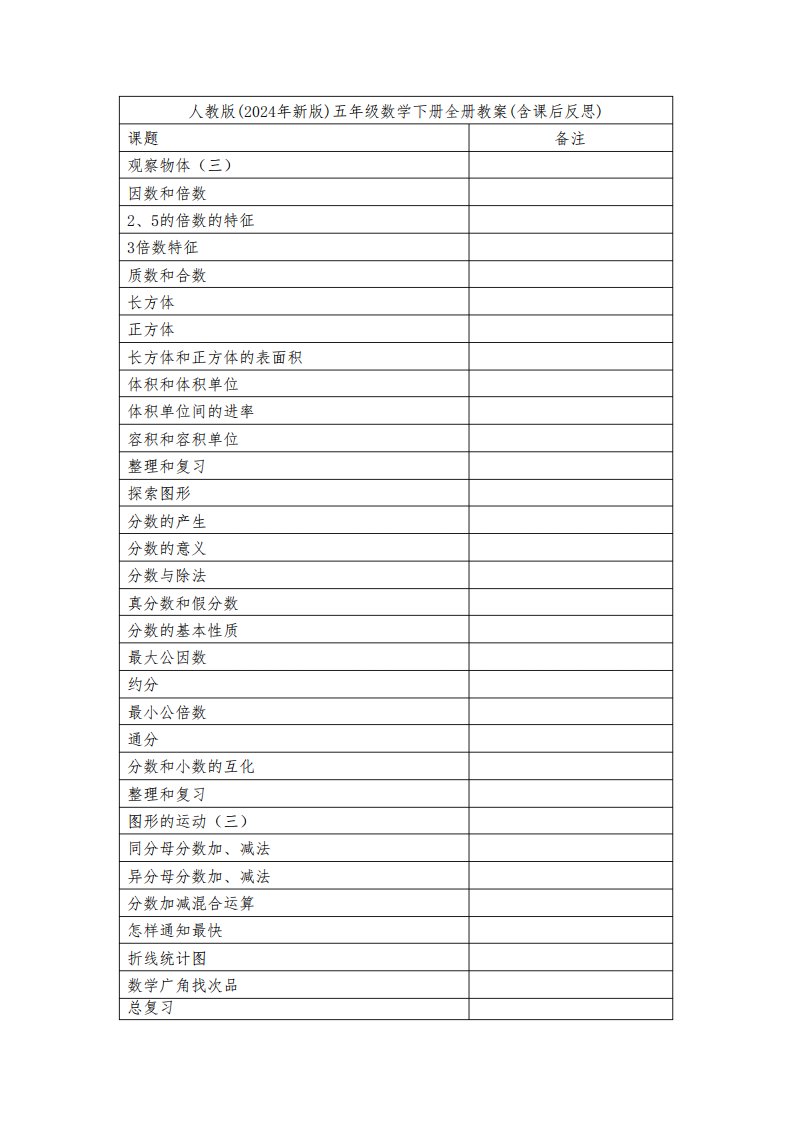 人教版(2024年新版)五年级数学下册全册教案(含课后反思)