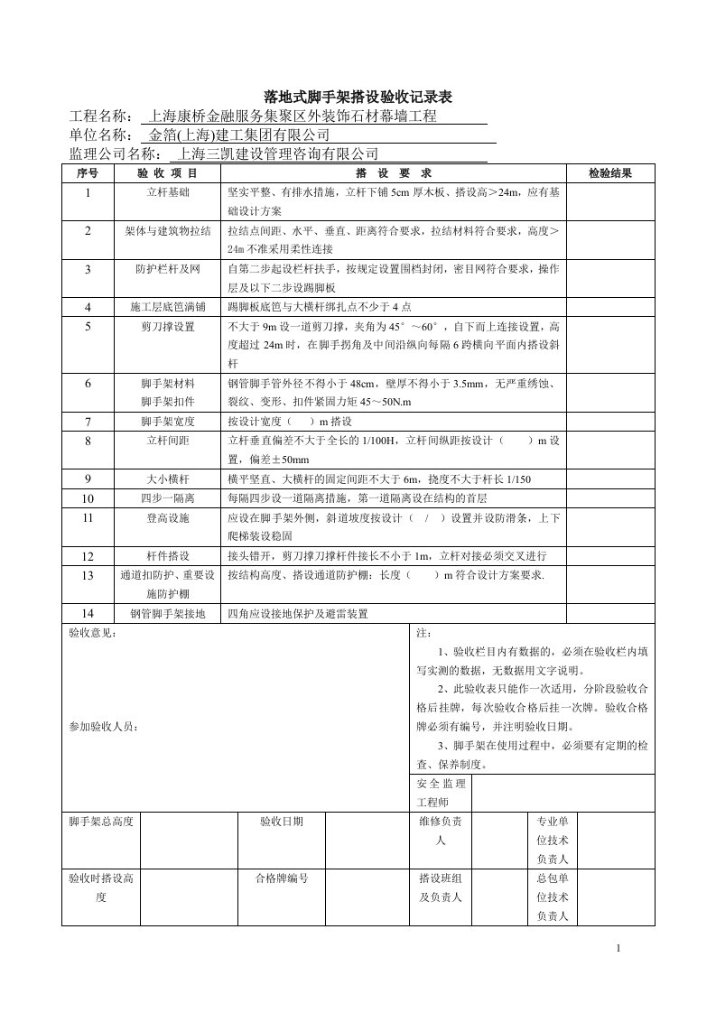 落地式脚手架搭设验收表