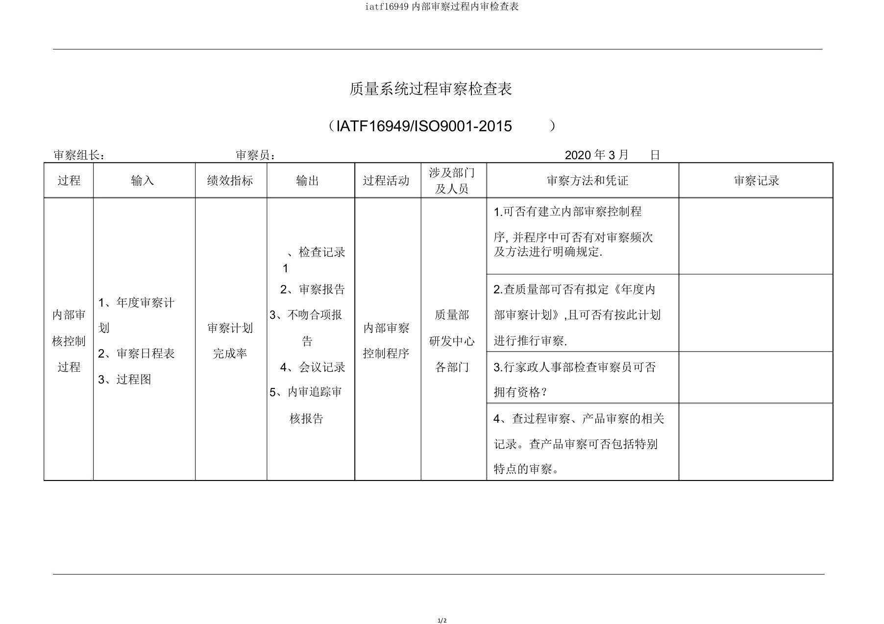 iatf16949内部审核过程内审检查表