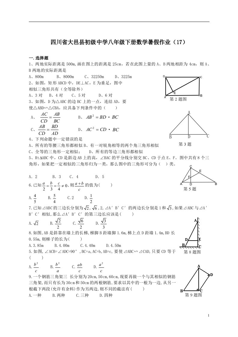 中学八年级下册数学暑假作业17