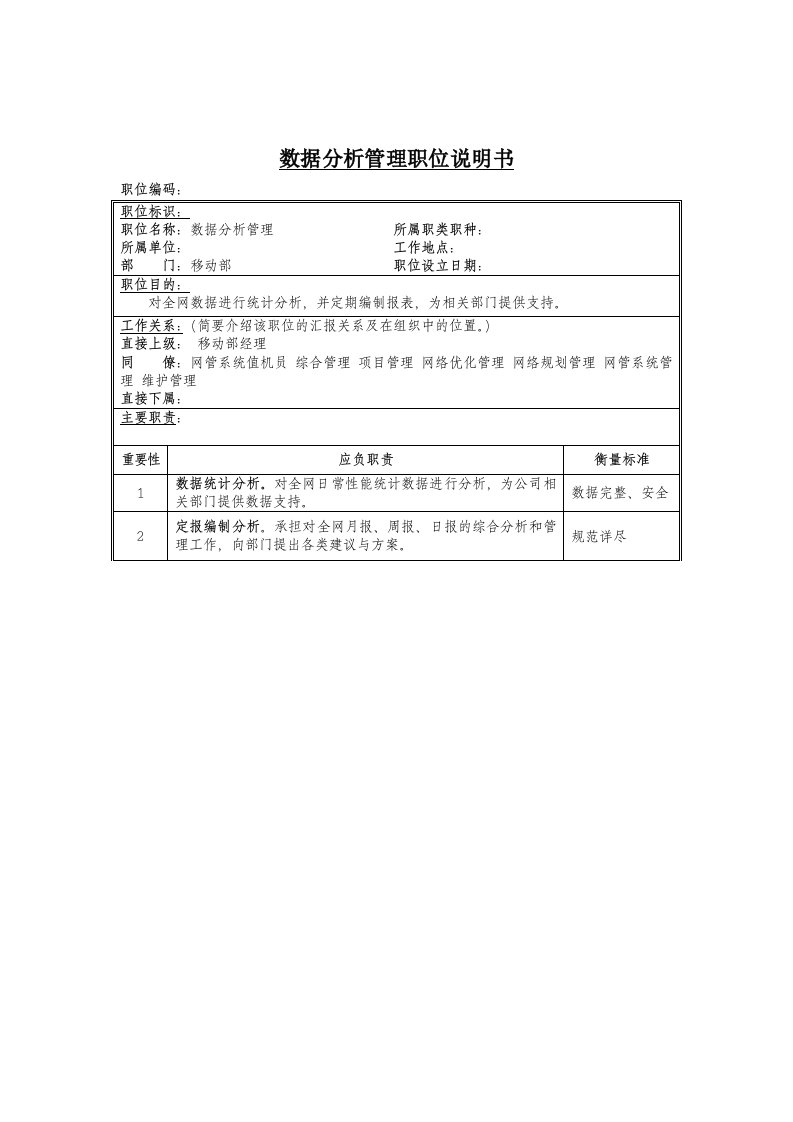 数据分析管理岗位说明书