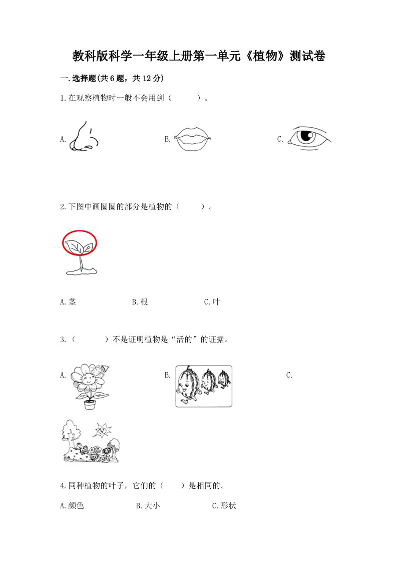 教科版科学一年级上册第一单元《植物》测试卷附完整答案【历年真题】