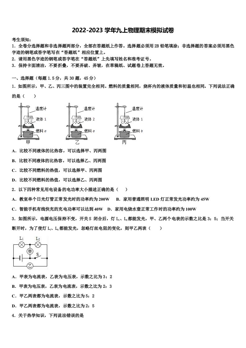 2023届山东省临清市刘垓子镇中学物理九年级第一学期期末复习检测模拟试题含解析