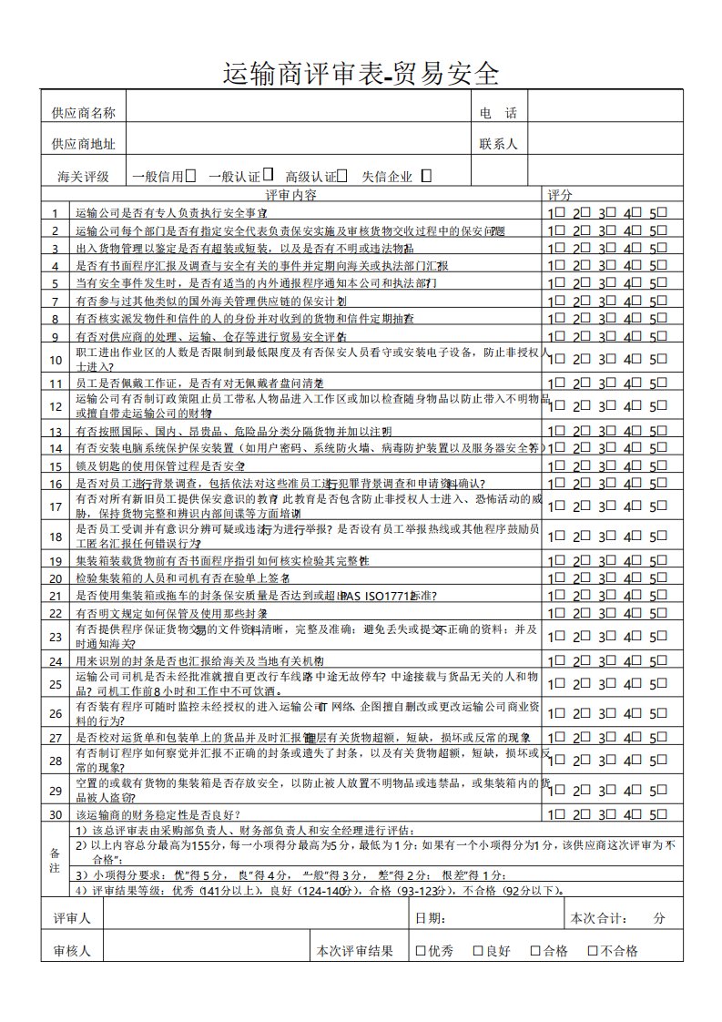 运输商评审表