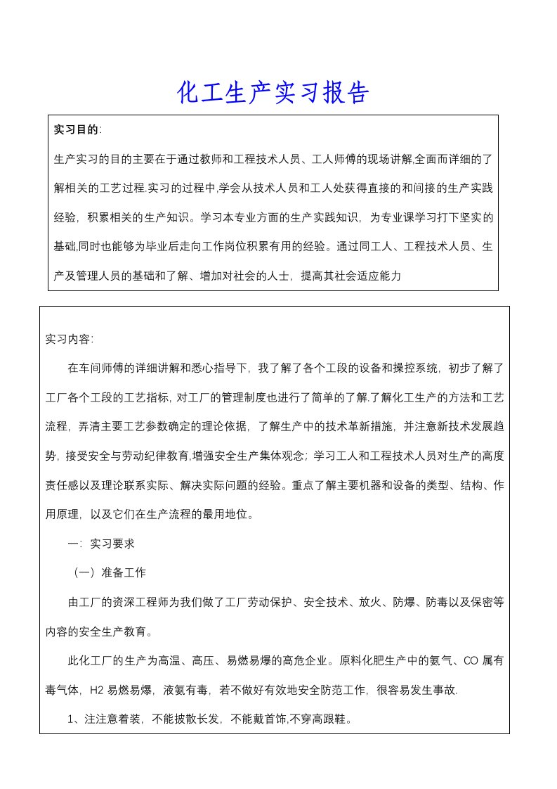 化肥厂生产实习报告