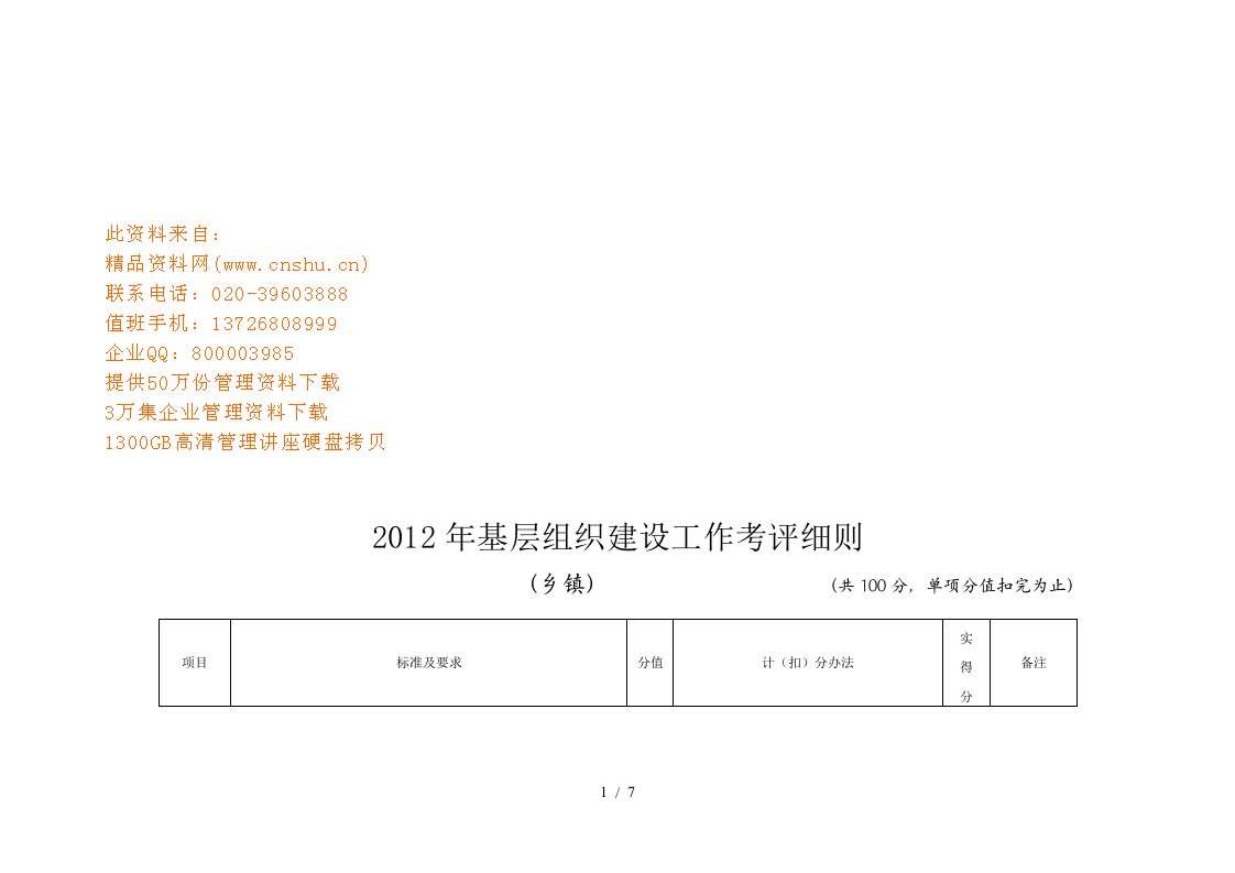 基层组织建设年度工作考评细则