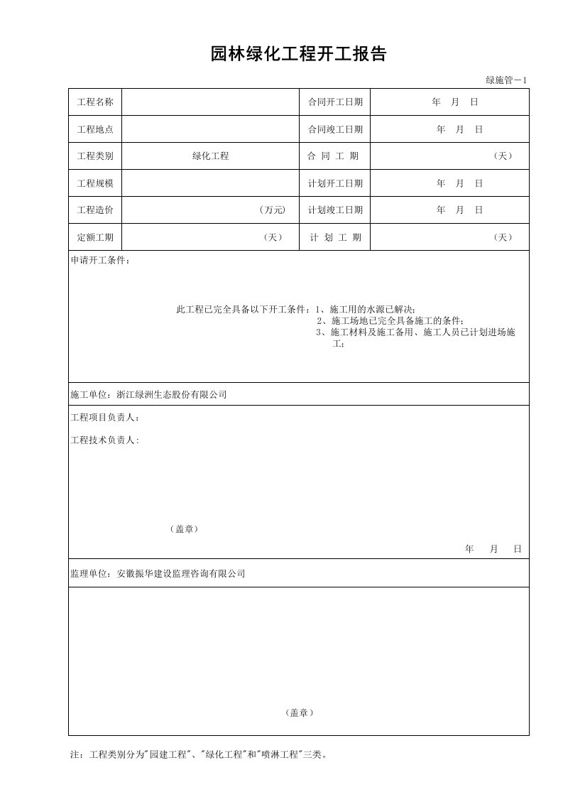 园林绿化工程开工报告