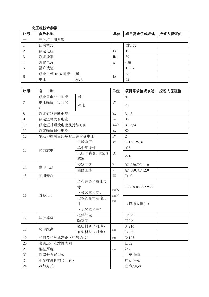 高压柜技术参数