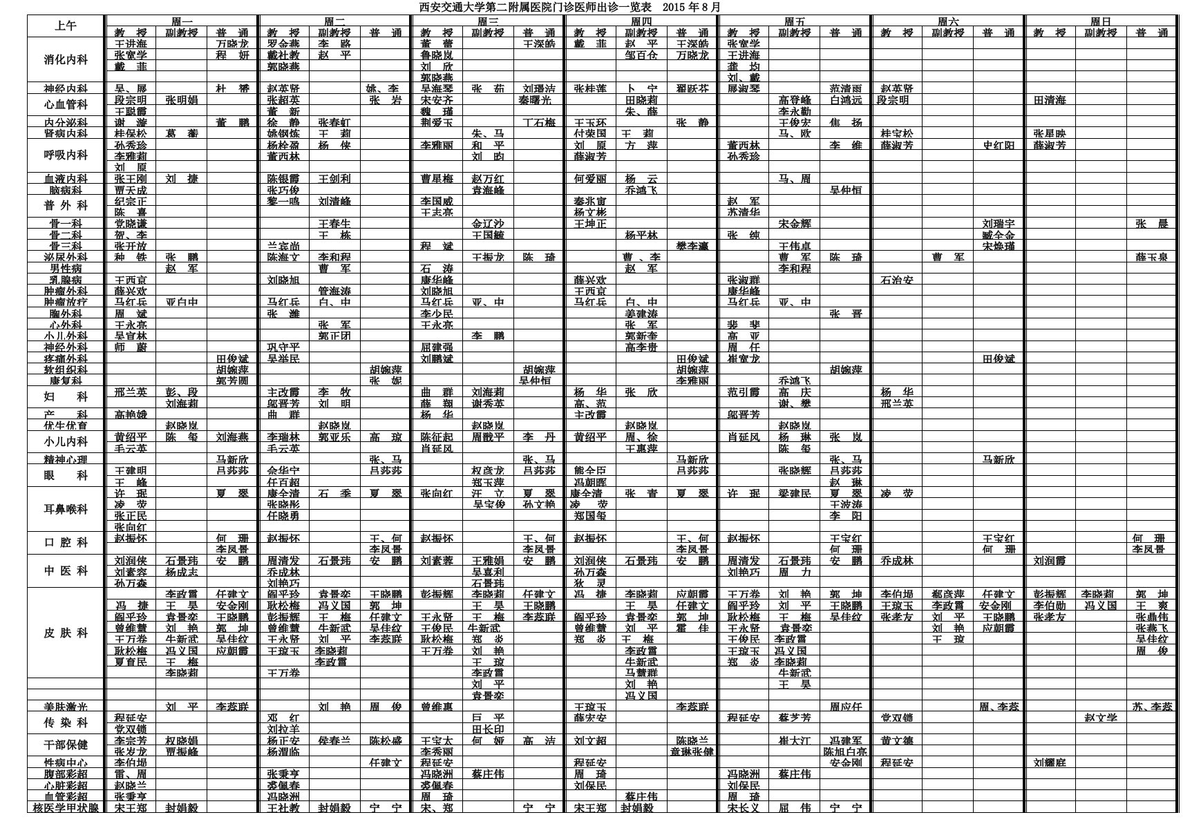 西安交通大学第二附属医院门诊医师出诊一览表