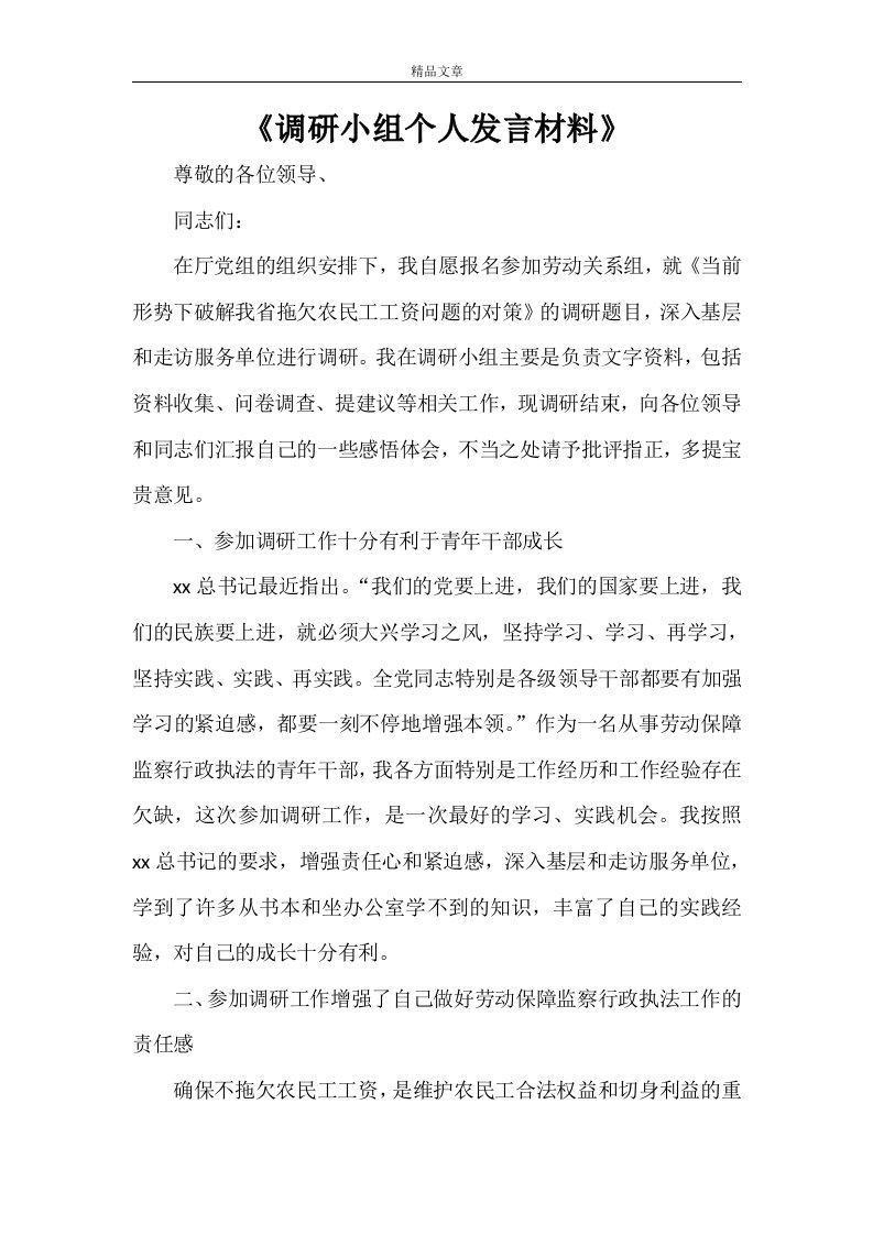 《调研小组个人发言材料》