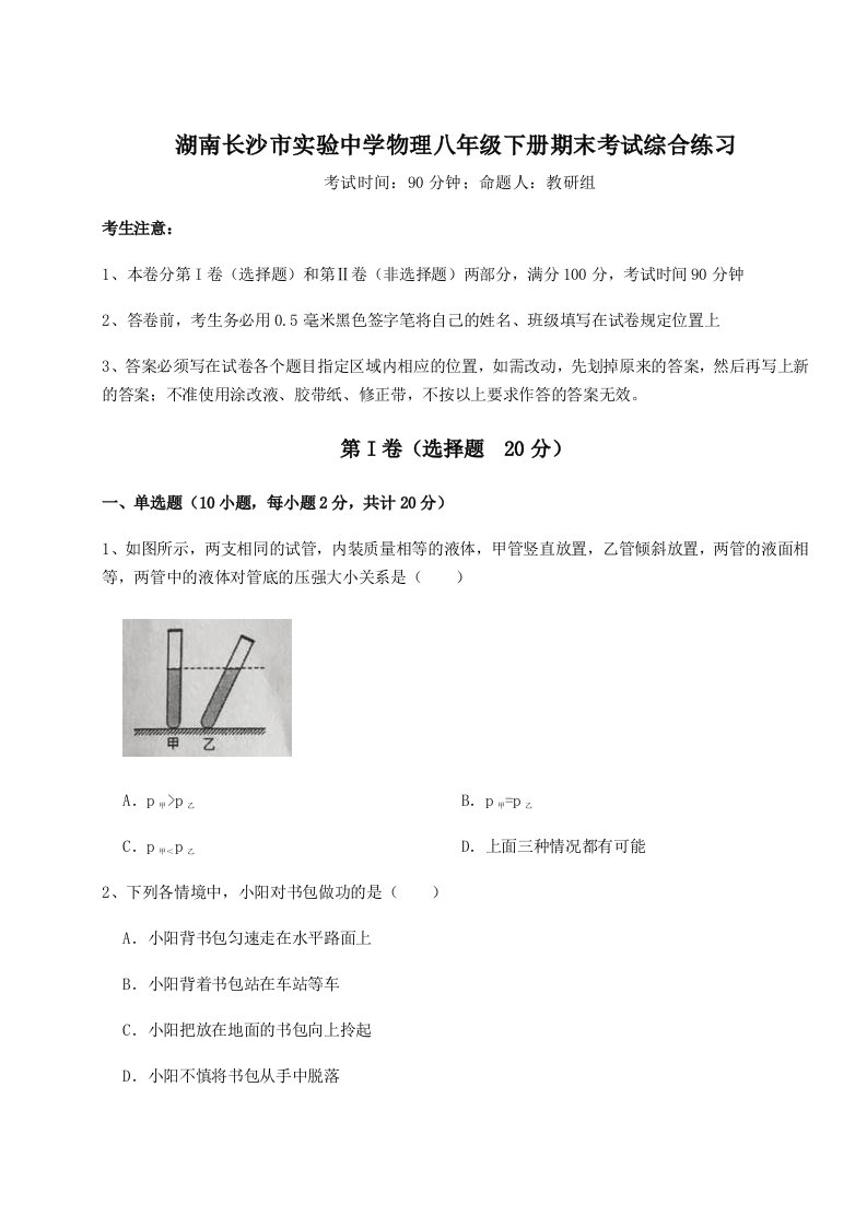 第二次月考滚动检测卷-湖南长沙市实验中学物理八年级下册期末考试综合练习试卷（解析版含答案）