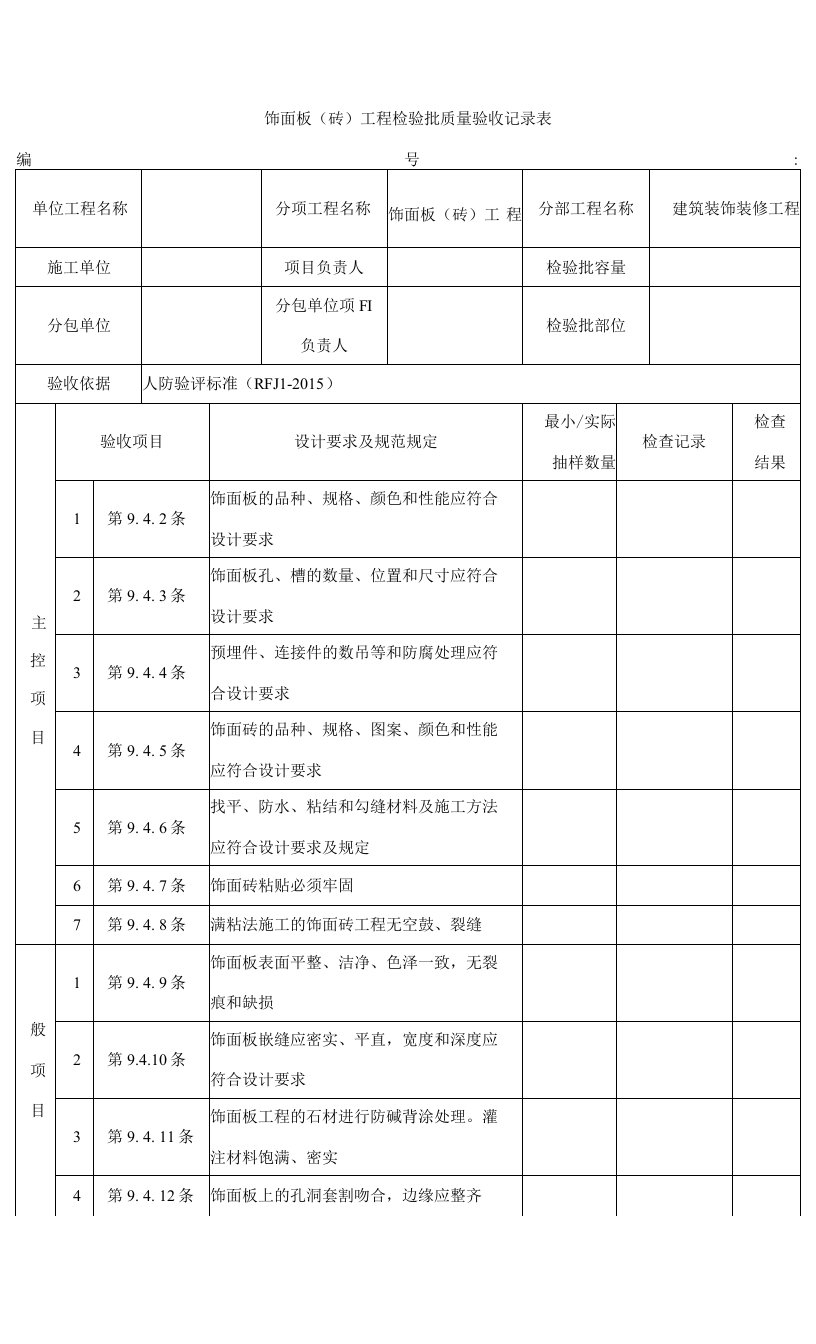 人防饰面板(砖）工程检验批质量验收记录表