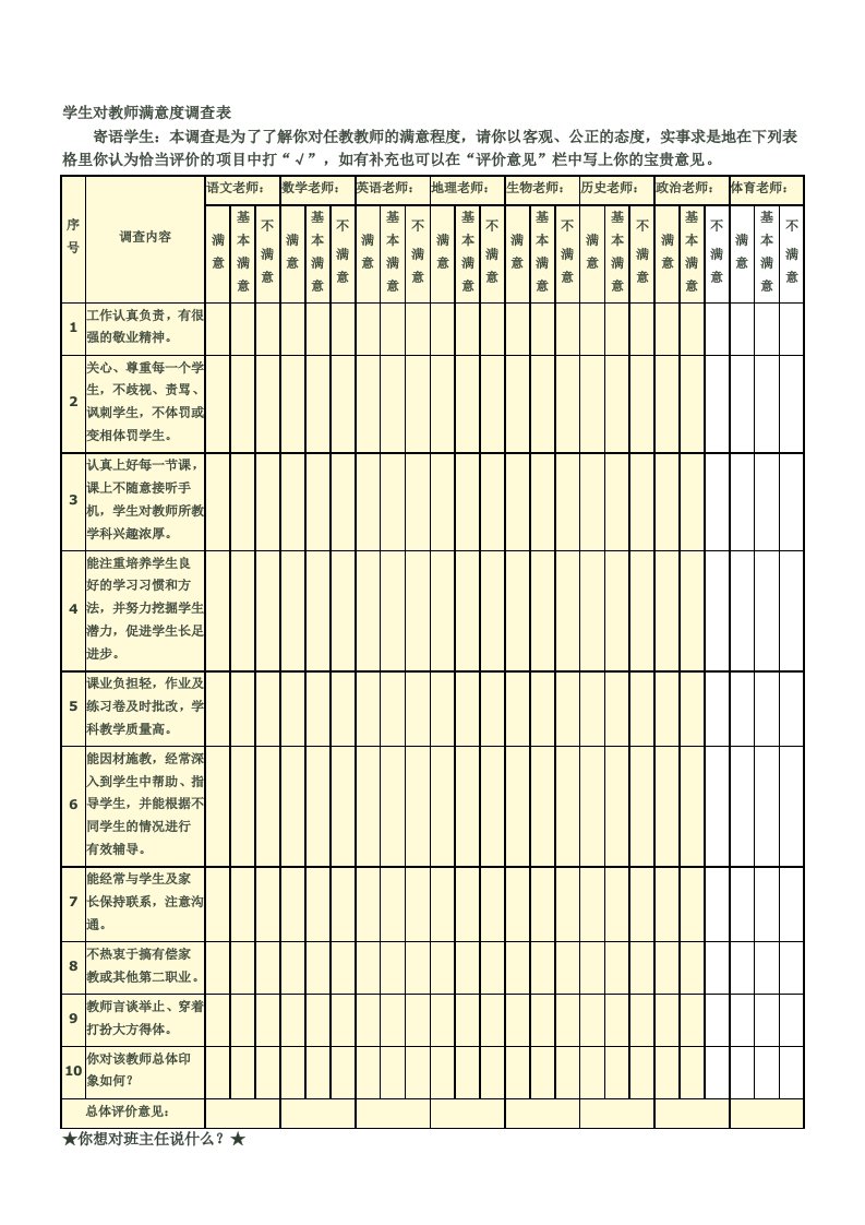 学生对教师满意度调查表