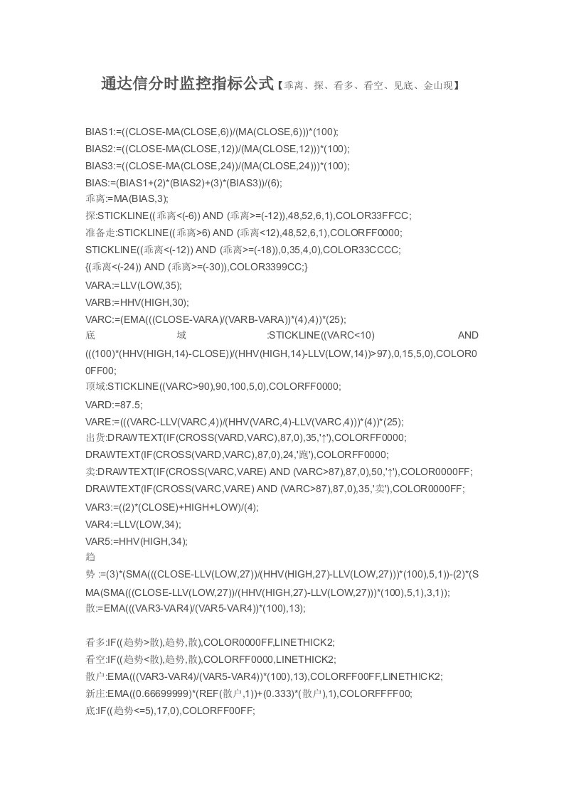 【指标公式源码下载】通达信分时监控指标公式【乖离、探、看多、看空、见底、金山现】