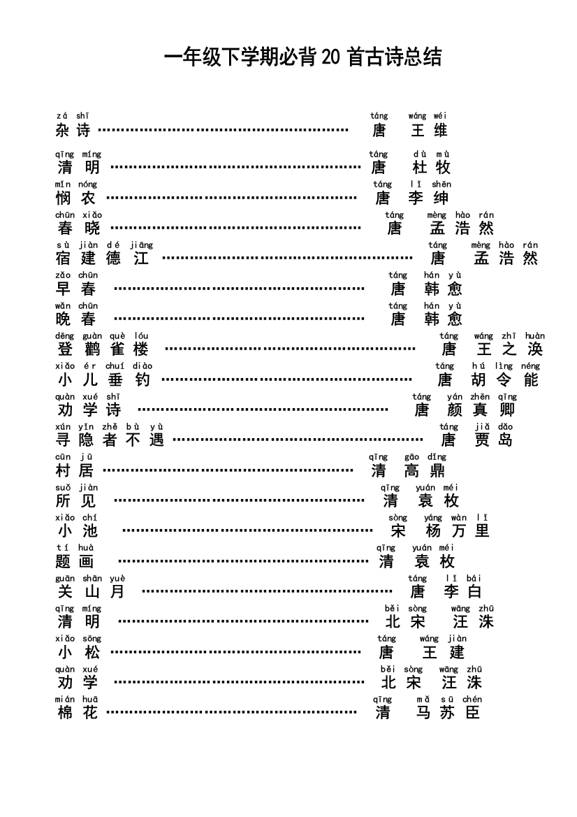 一年级下学期必背首古诗带注音精编