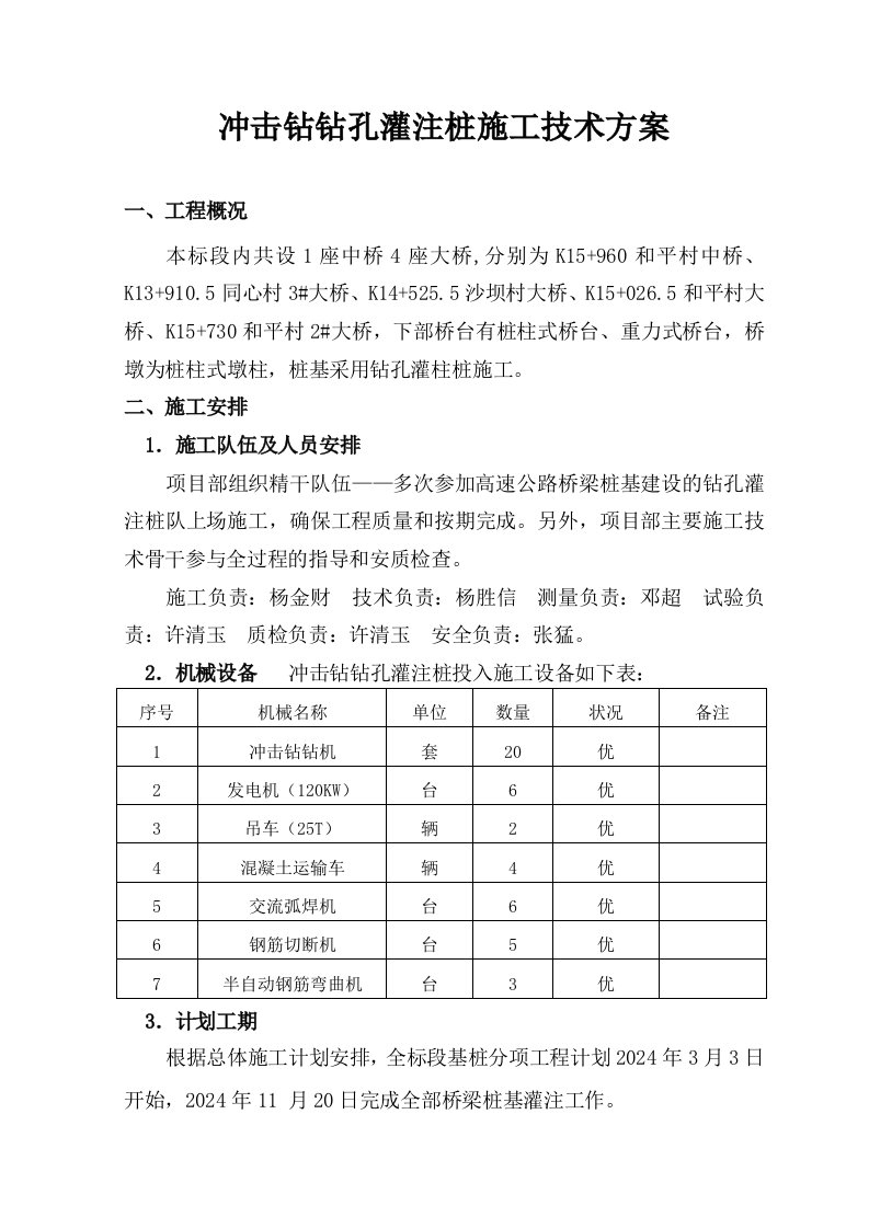 冲击钻钻孔灌注桩施工技术方案