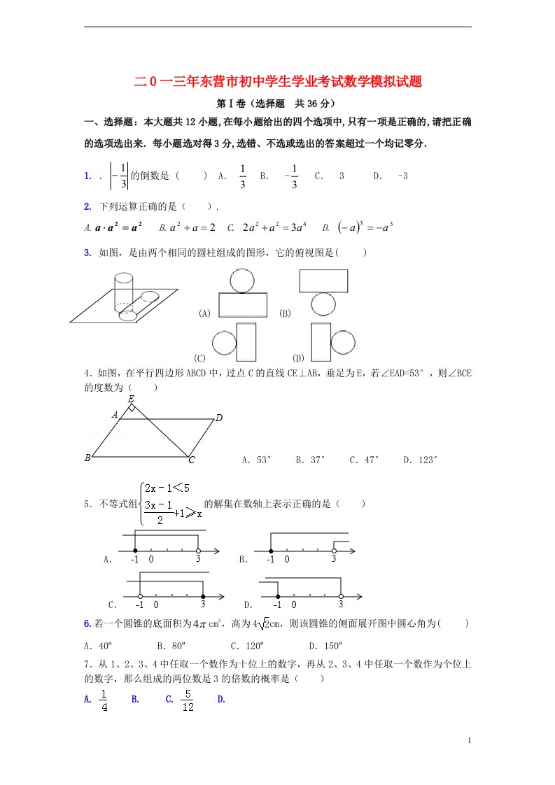 山东省东营市初中数学学生学业考试模拟试题