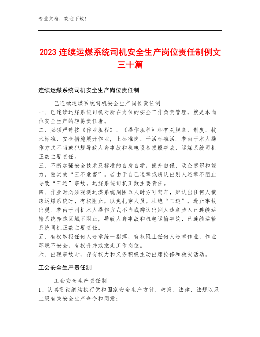 2023连续运煤系统司机安全生产岗位责任制例文三十篇