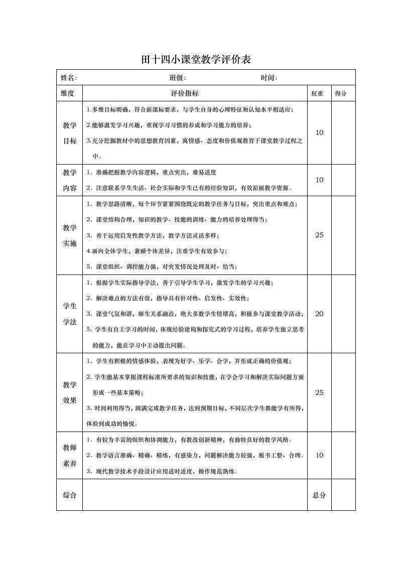 田十四小课堂教学评价表