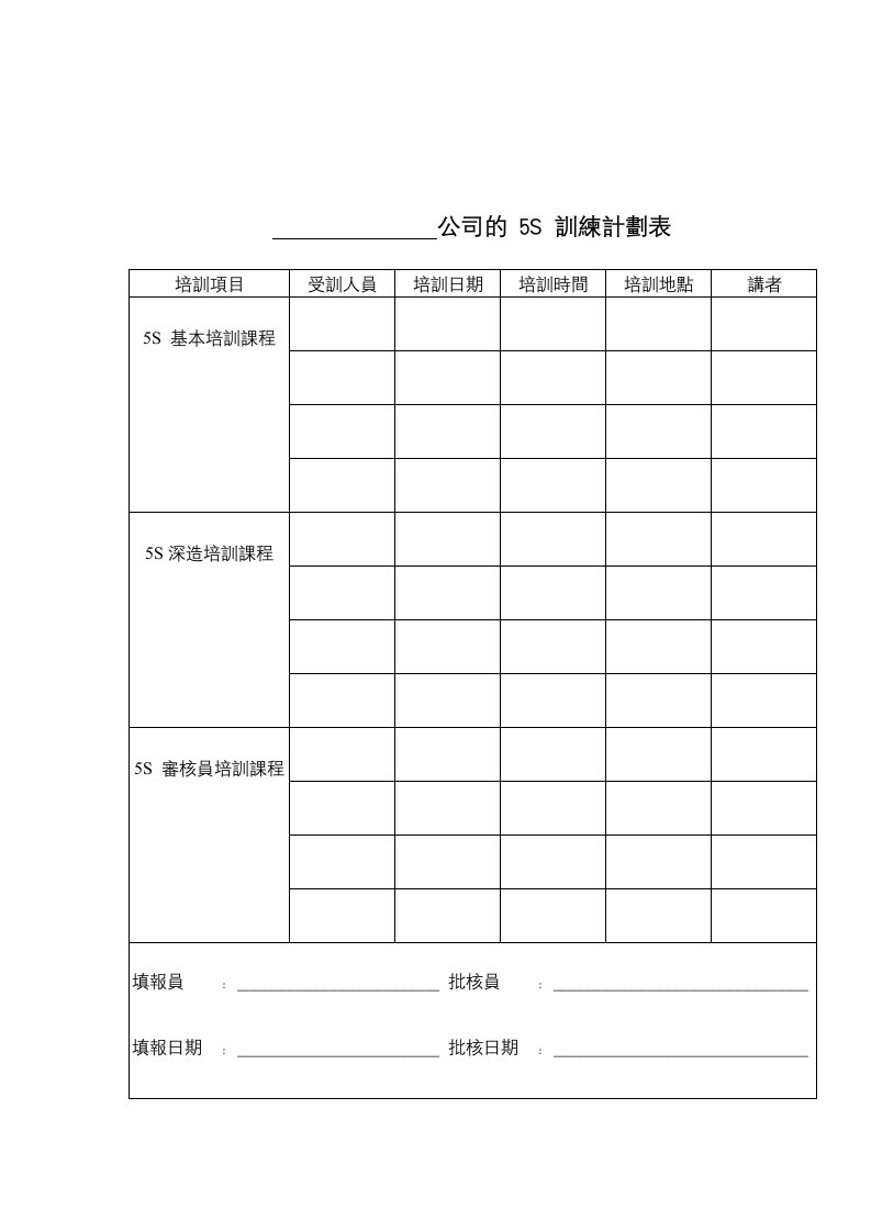 生产管理--机构5s训练计划表文件