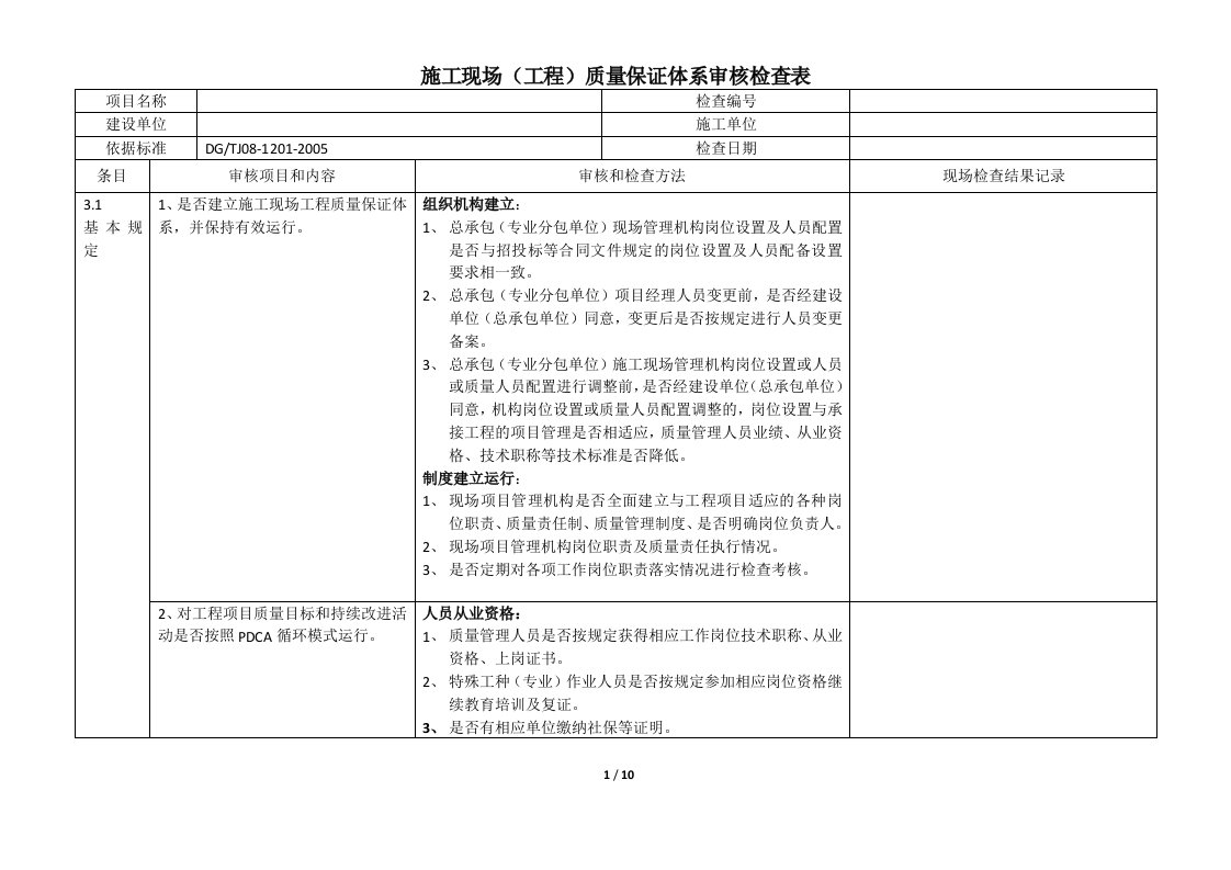 项目施工现场(工程)质量保证体系审核检查表