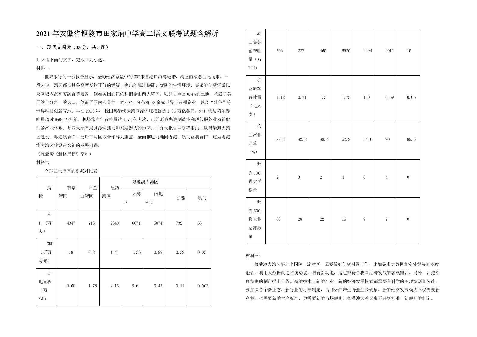 2021年安徽省铜陵市田家炳中学高二语文联考试题含解析