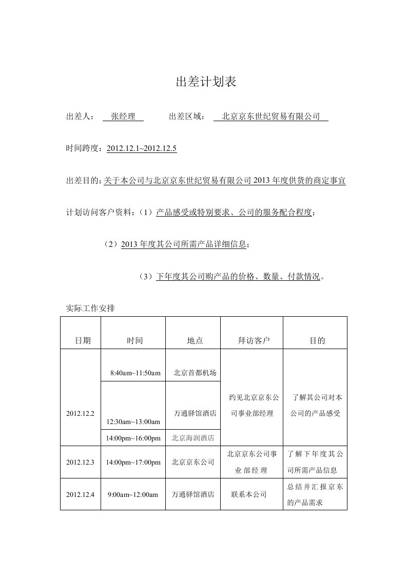 出差具体计划行程安排表