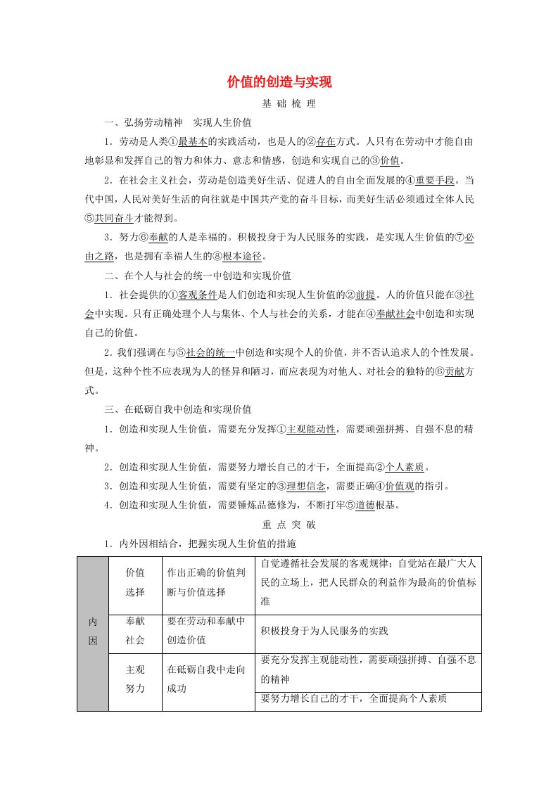 2025版高考政治一轮总复习考点精析必修4第2单元认识社会与价值选择第6课实现人生的价值考点3价值的创造与实现