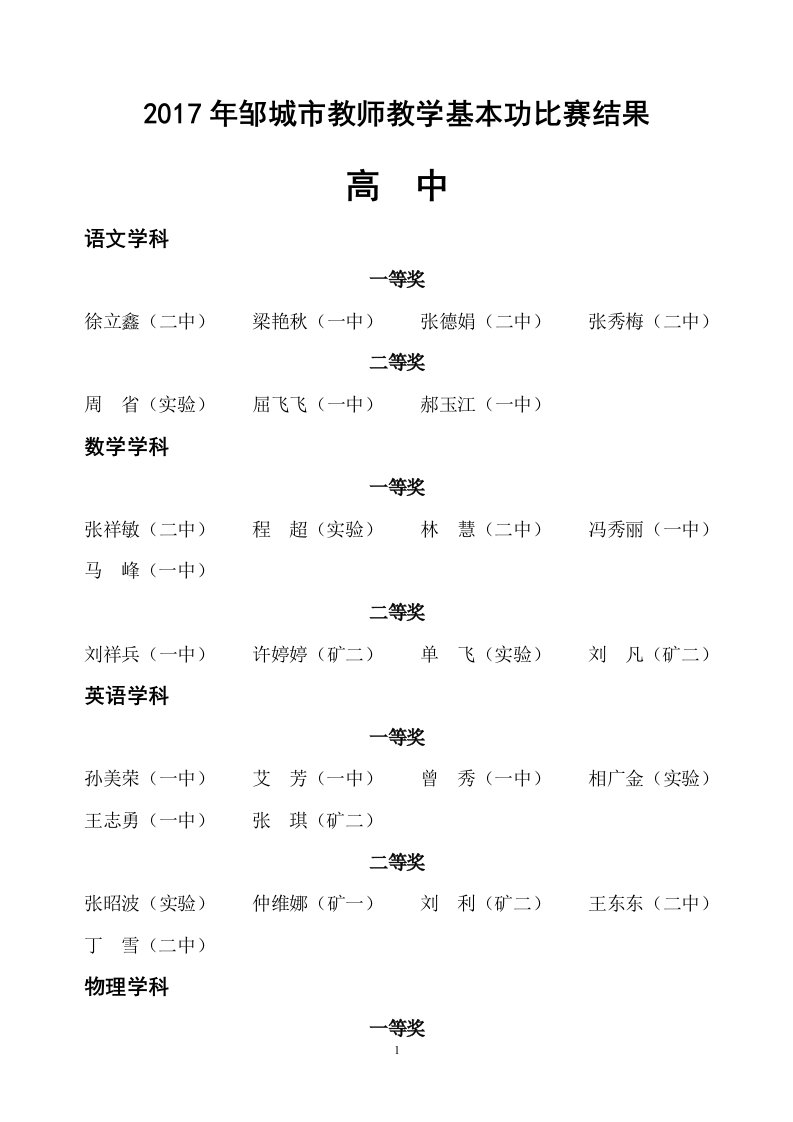 2017年邹城教师教学基本功比赛结果