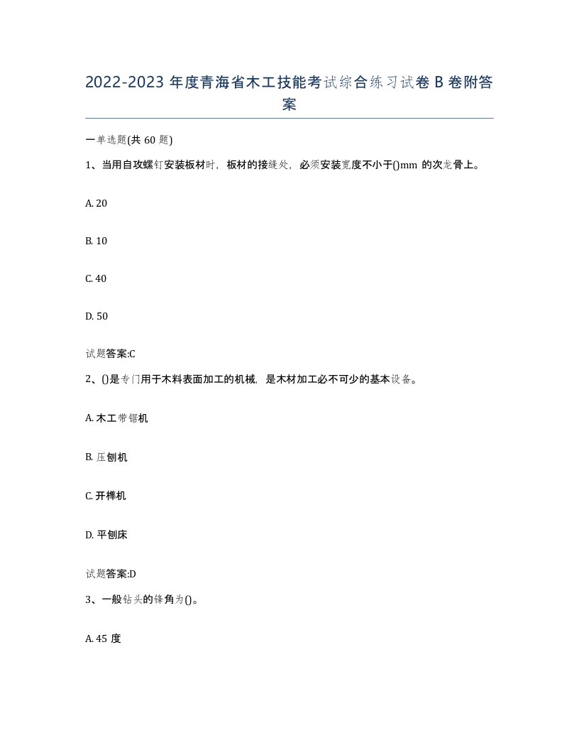 20222023年度青海省木工技能考试综合练习试卷B卷附答案