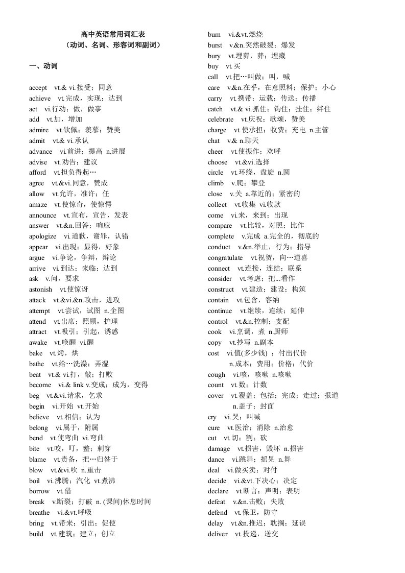 高中英语常用词汇表(动词、名词、形容词和副词)