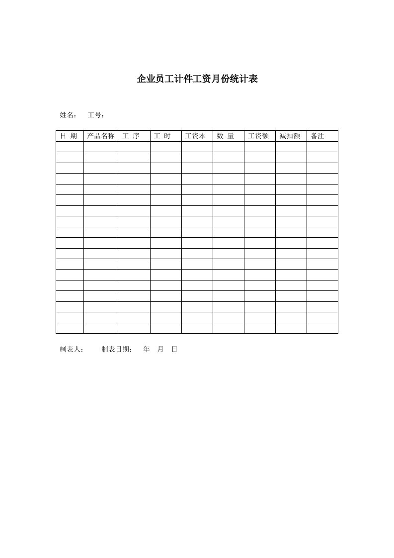 企业员工计件工资月份统计表