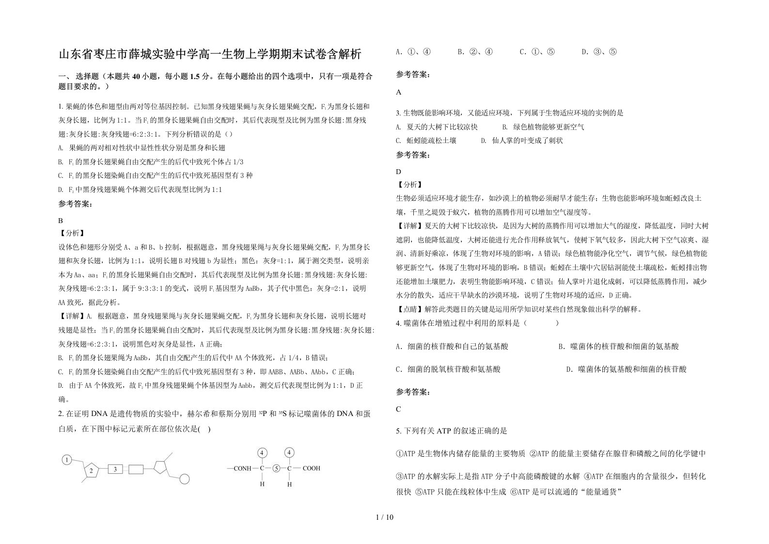 山东省枣庄市薛城实验中学高一生物上学期期末试卷含解析