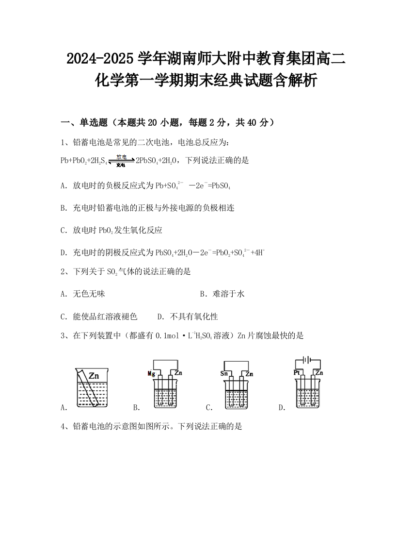 2024-2025学年湖南师大附中教育集团高二化学第一学期期末经典试题含解析