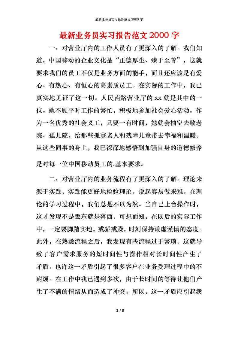 最新业务员实习报告范文2000字